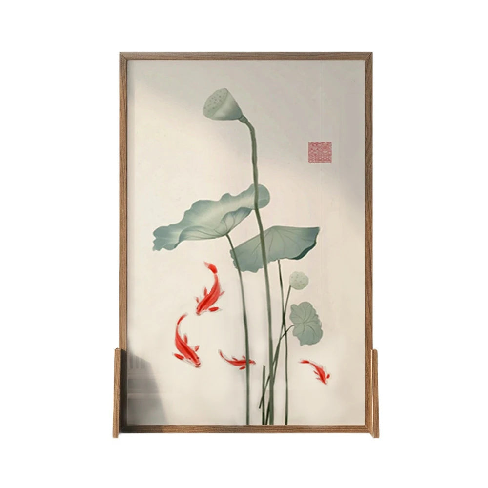 LIVARA Oriental Style Solid Wood Room Divider, Lotus Leaf & Carp Design, No Cutout, Ash Wood & Mongolian Pine Frame