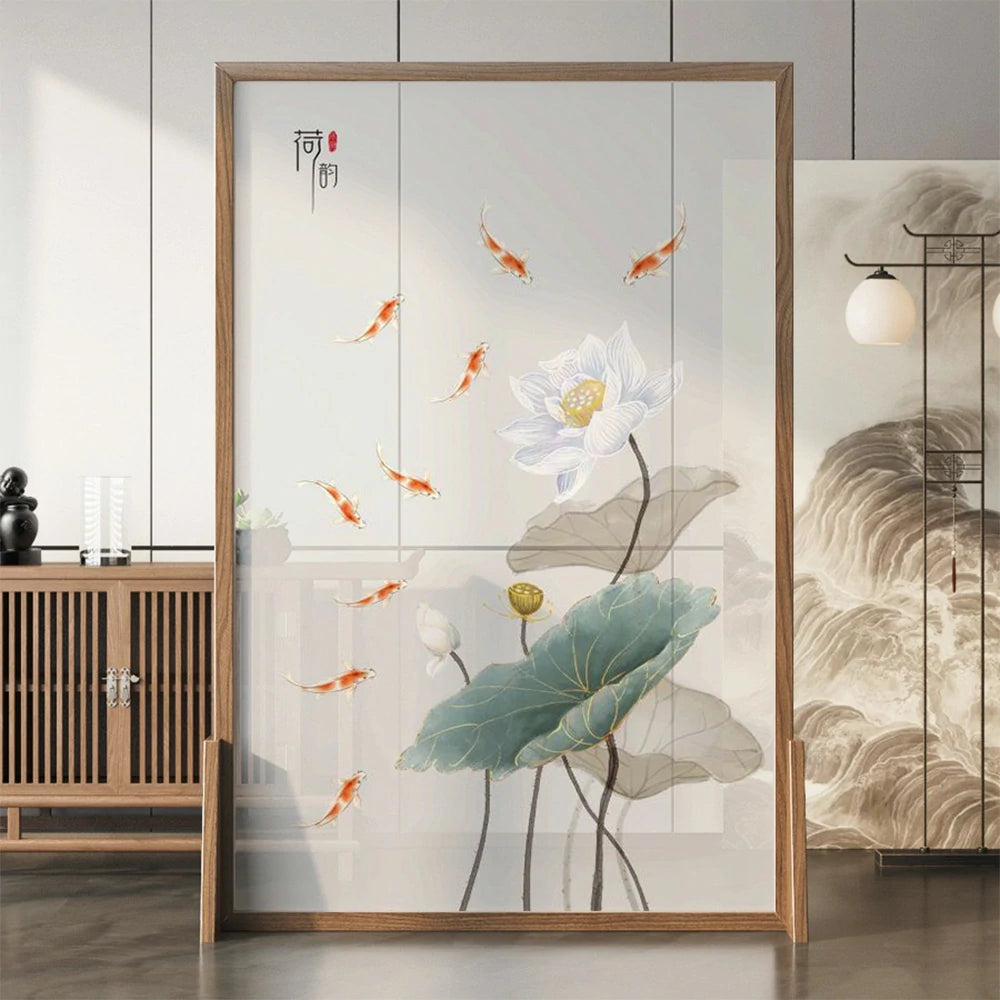 LIVARA Oriental Style Solid Wood Room Divider, Lotus & Carp Design, Ash Wood & Mongolian Pine Frame