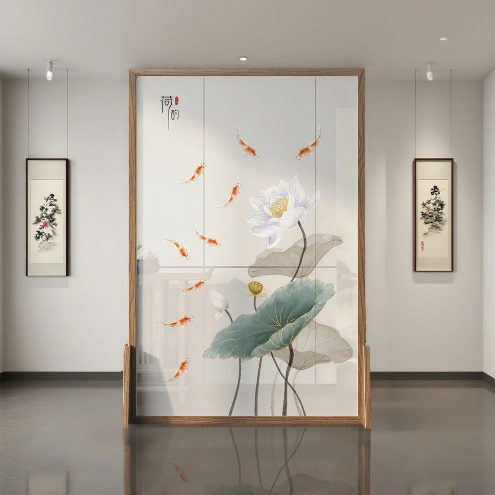 LIVARA Oriental Style Solid Wood Room Divider, Lotus & Carp Design, Ash Wood & Mongolian Pine Frame