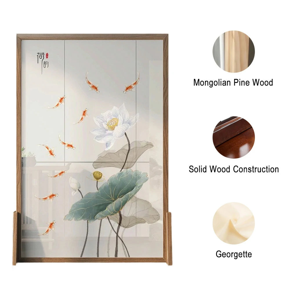 LIVARA Oriental Style Solid Wood Room Divider, Lotus & Carp Design, Ash Wood & Mongolian Pine Frame