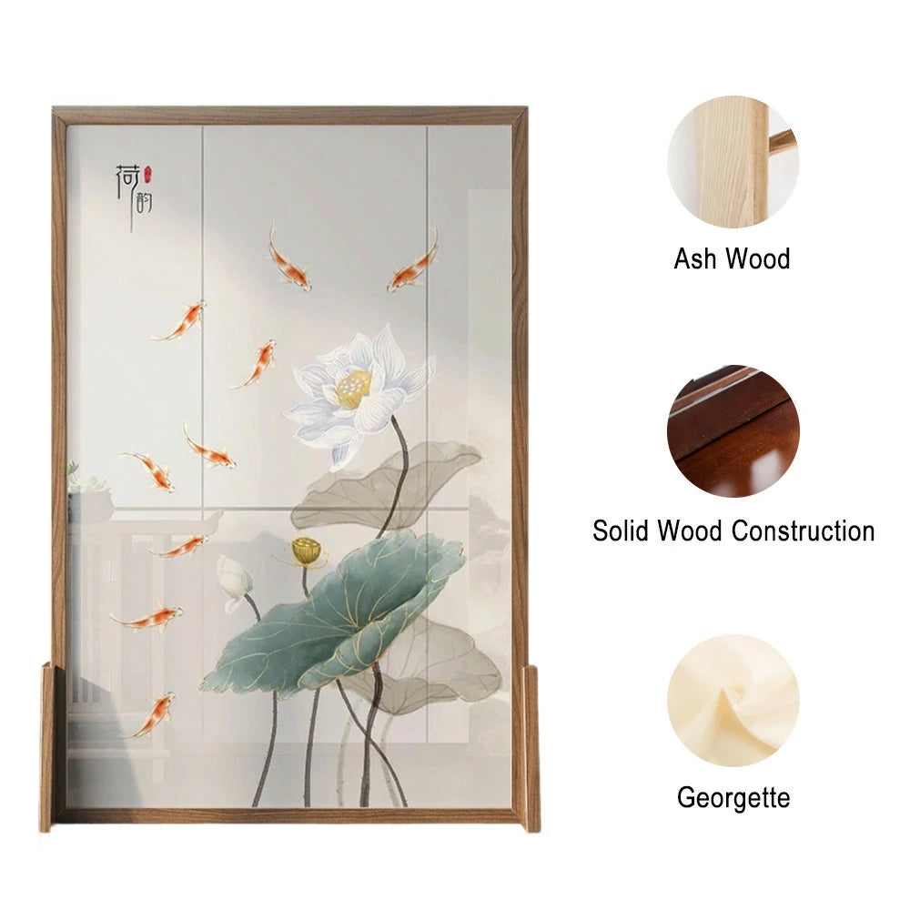 LIVARA Oriental Style Solid Wood Room Divider, Lotus & Carp Design, Ash Wood & Mongolian Pine Frame