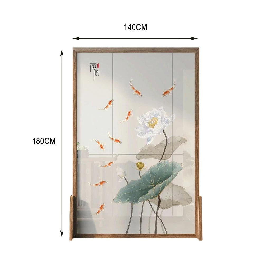 LIVARA Oriental Style Solid Wood Room Divider, Lotus & Carp Design, Ash Wood & Mongolian Pine Frame