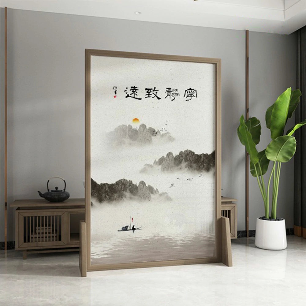 LIVARA Ink landscape Pattern Screen Made Of Solid Wood White Wax Wood And Mongolian Pine With An Eastern Style Home Decoration