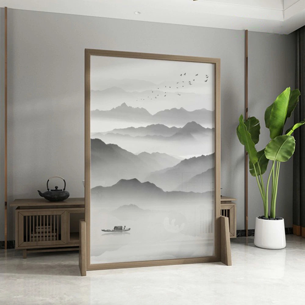 LIVARA landscape Pattern Screen Made Of Solid Wood White Wax Wood And Mongolian Pine With An Eastern Style Home Decoration