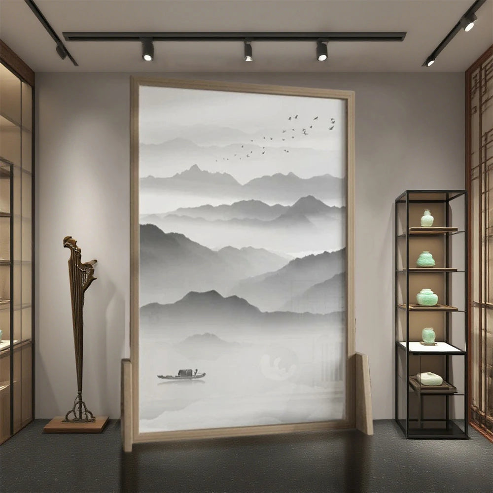 LIVARA landscape Pattern Screen Made Of Solid Wood White Wax Wood And Mongolian Pine With An Eastern Style Home Decoration