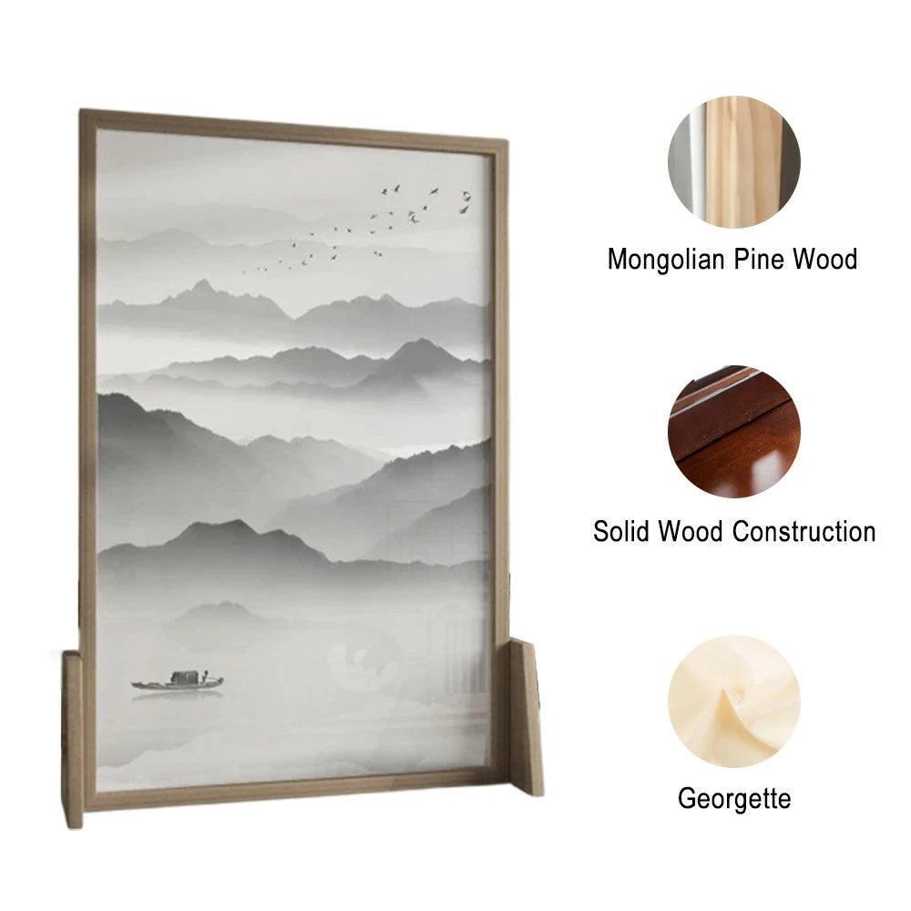 LIVARA landscape Pattern Screen Made Of Solid Wood White Wax Wood And Mongolian Pine With An Eastern Style Home Decoration