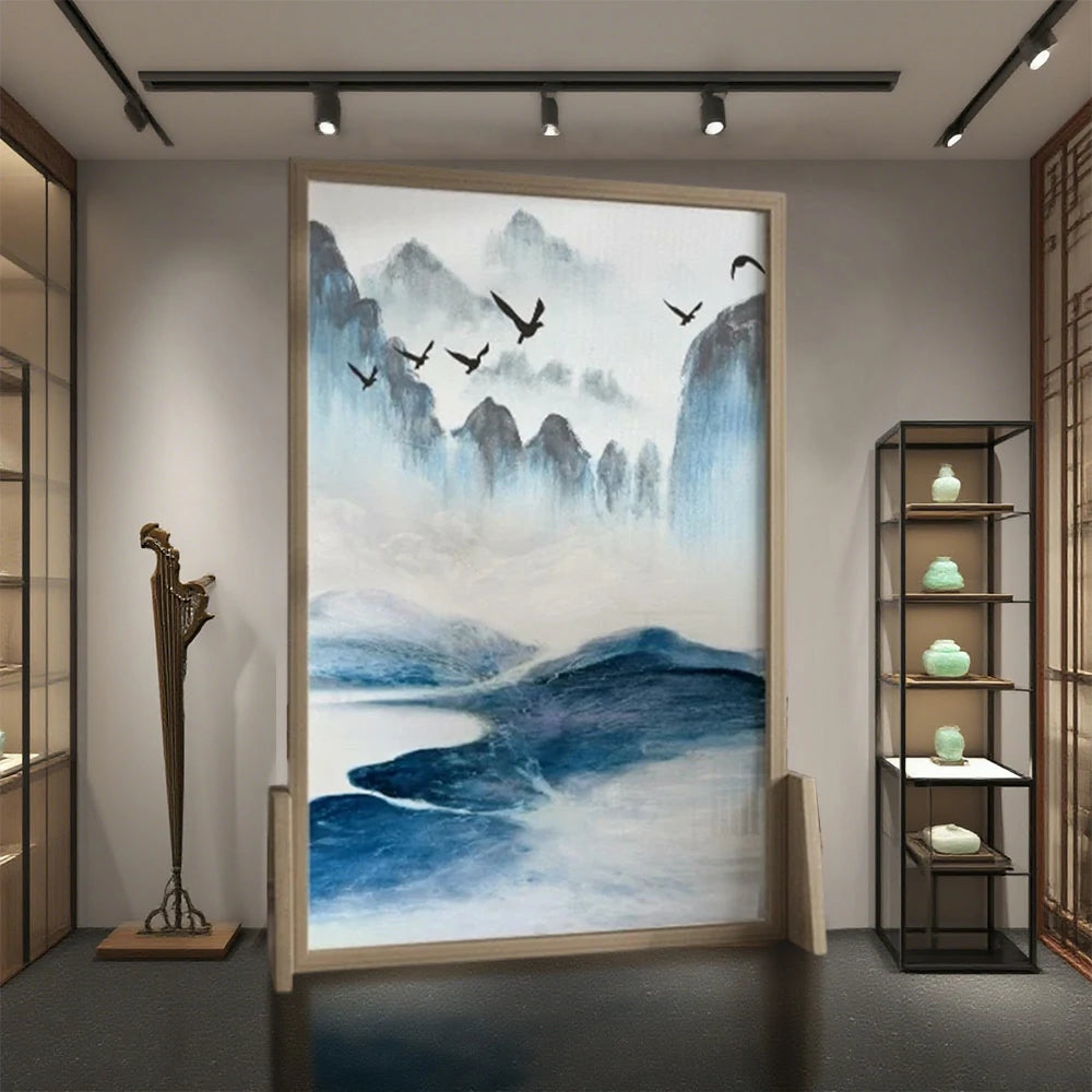 LIVARA Blue landscape Pattern Screen Made Of Solid Wood White Wax Wood And Mongolian Pine With An Eastern Style Home Decoration