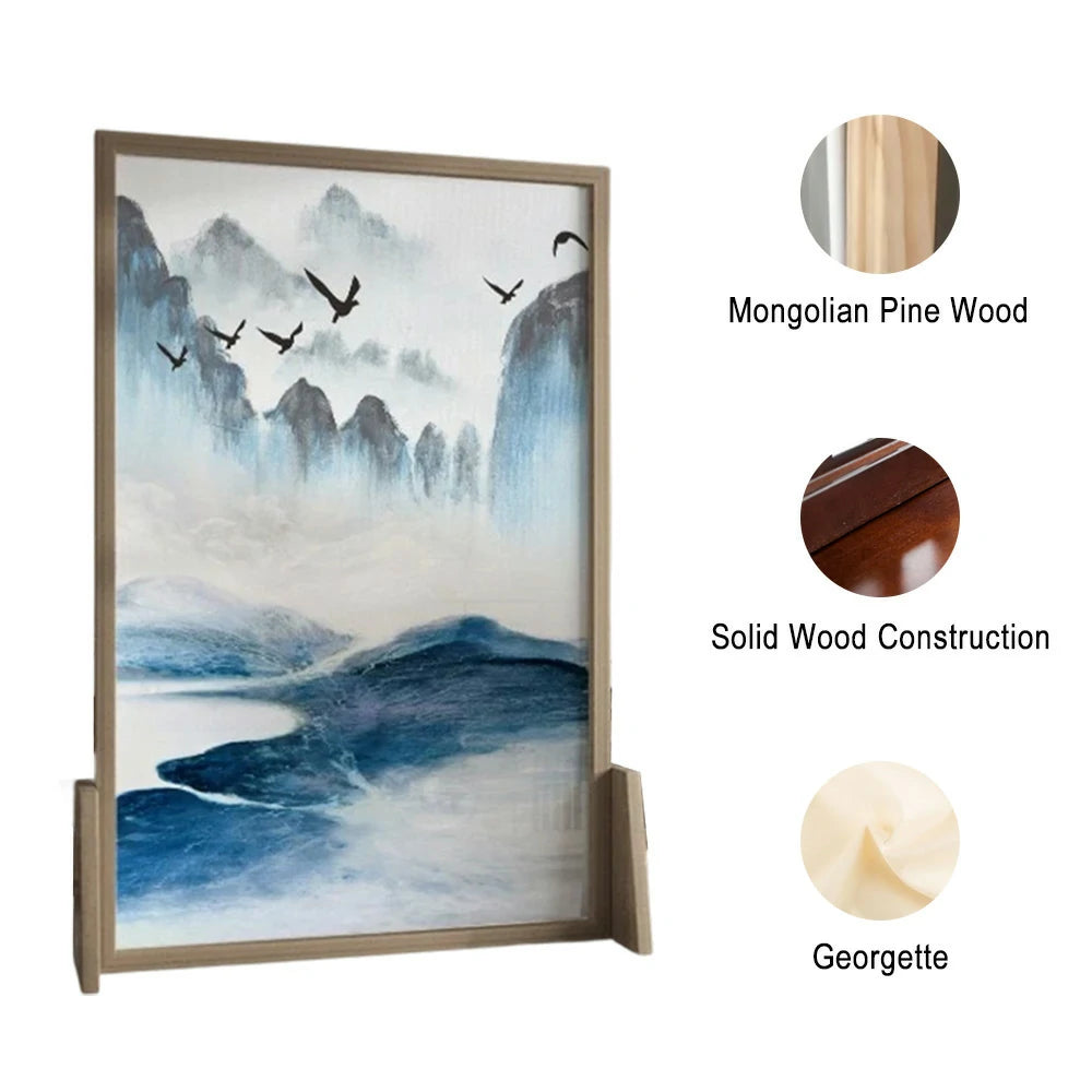 LIVARA Blue landscape Pattern Screen Made Of Solid Wood White Wax Wood And Mongolian Pine With An Eastern Style Home Decoration