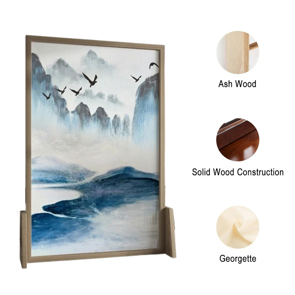LIVARA Blue landscape Pattern Screen Made Of Solid Wood White Wax Wood And Mongolian Pine With An Eastern Style Home Decoration