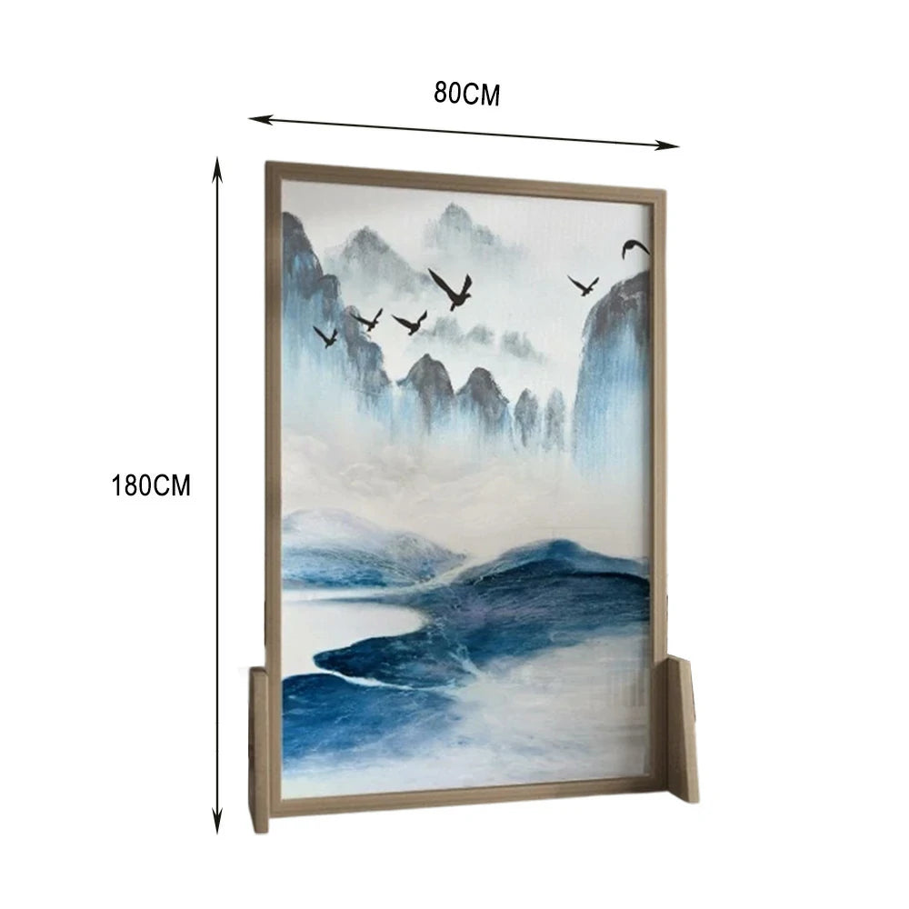 LIVARA Blue landscape Pattern Screen Made Of Solid Wood White Wax Wood And Mongolian Pine With An Eastern Style Home Decoration