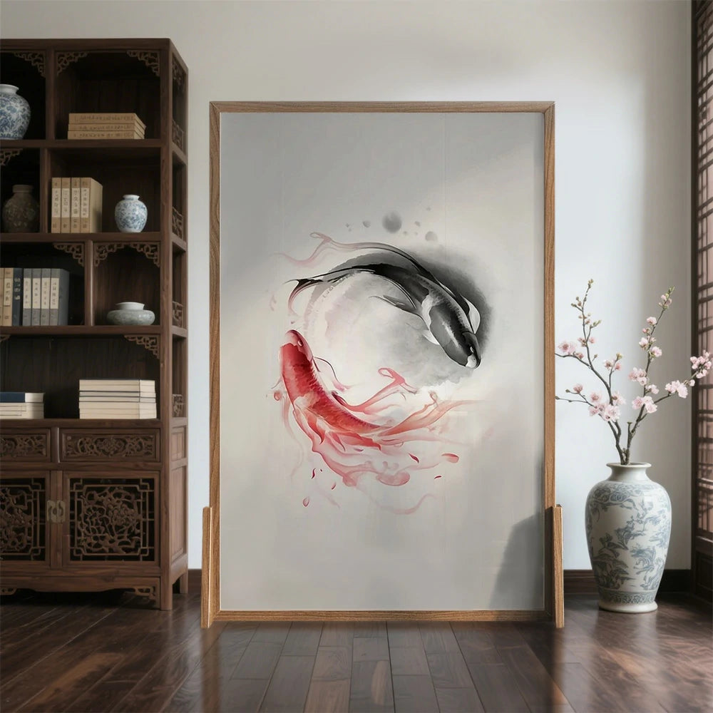 LIVARA Large Carp Pattern Screen Made Of Solid Wood White Wax Wood And Mongolian Pine With An Eastern Style Home Decoration