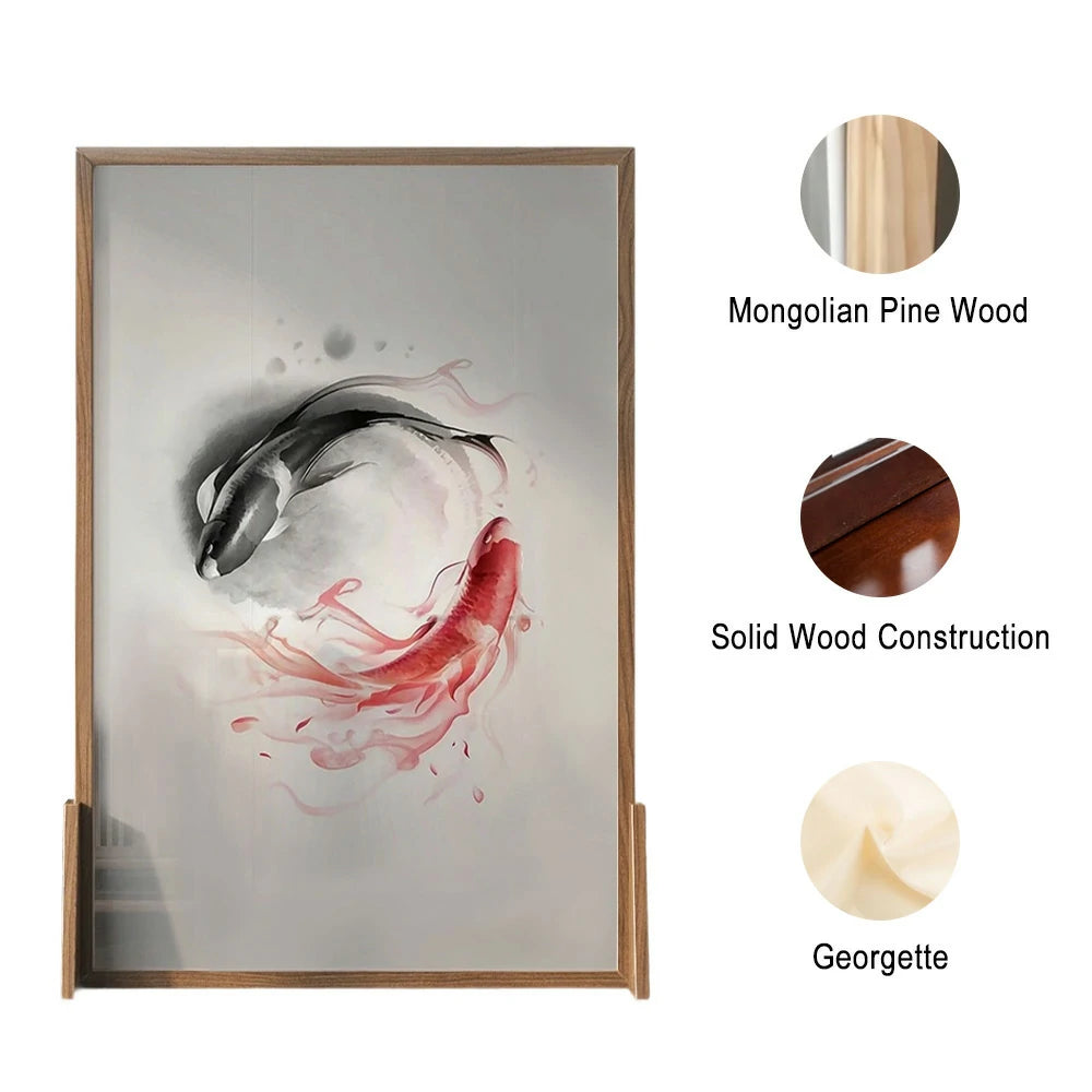 LIVARA Large Carp Pattern Screen Made Of Solid Wood White Wax Wood And Mongolian Pine With An Eastern Style Home Decoration