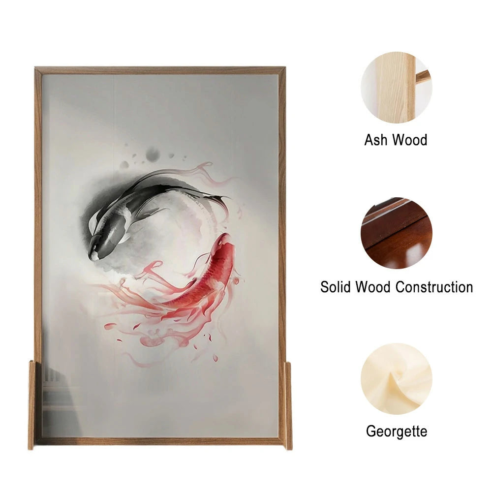 LIVARA Large Carp Pattern Screen Made Of Solid Wood White Wax Wood And Mongolian Pine With An Eastern Style Home Decoration