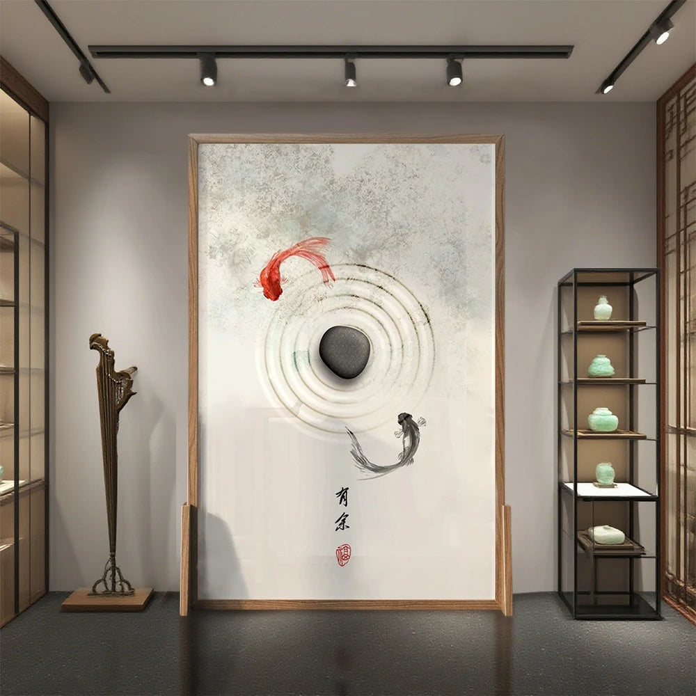 LIVARA Little Carp Pattern Screen Made Of Solid Wood White Wax Wood And Mongolian Pine With An Eastern Style Home Decoration