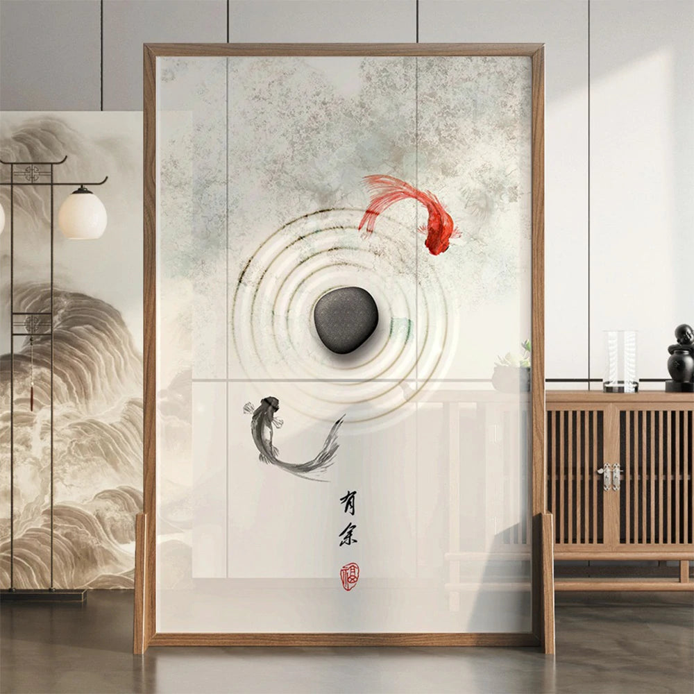 LIVARA Little Carp Pattern Screen Made Of Solid Wood White Wax Wood And Mongolian Pine With An Eastern Style Home Decoration