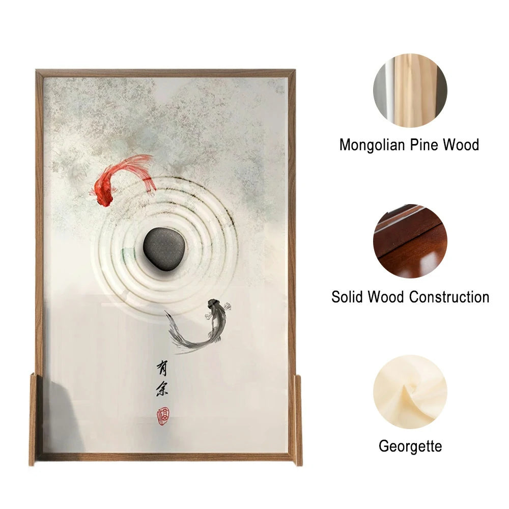 LIVARA Little Carp Pattern Screen Made Of Solid Wood White Wax Wood And Mongolian Pine With An Eastern Style Home Decoration