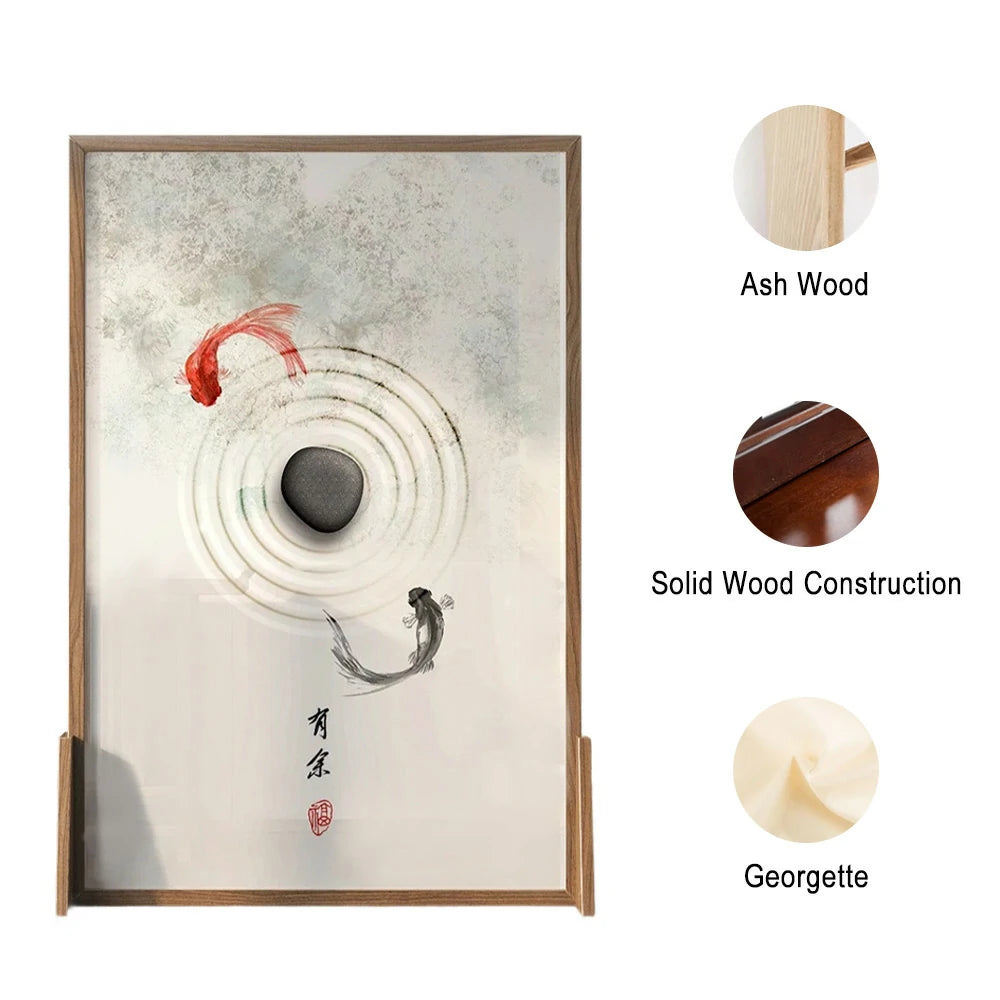 LIVARA Little Carp Pattern Screen Made Of Solid Wood White Wax Wood And Mongolian Pine With An Eastern Style Home Decoration