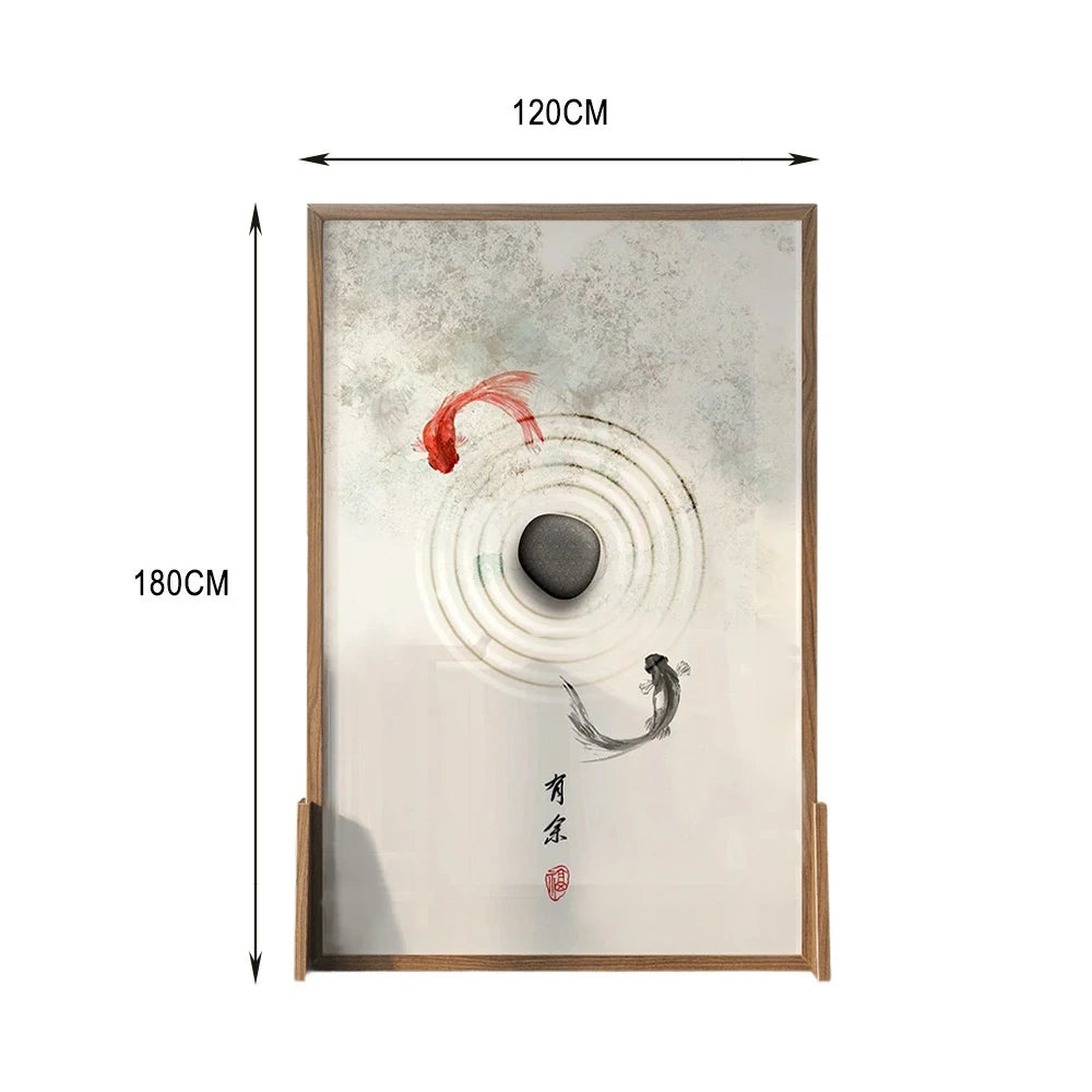 LIVARA Little Carp Pattern Screen Made Of Solid Wood White Wax Wood And Mongolian Pine With An Eastern Style Home Decoration