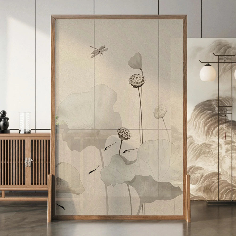 LIVARA Wash lotus leaf Pattern Screen Made Of Solid Wood White Wax Wood And Mongolian Pine With An Eastern Style Home Decoration