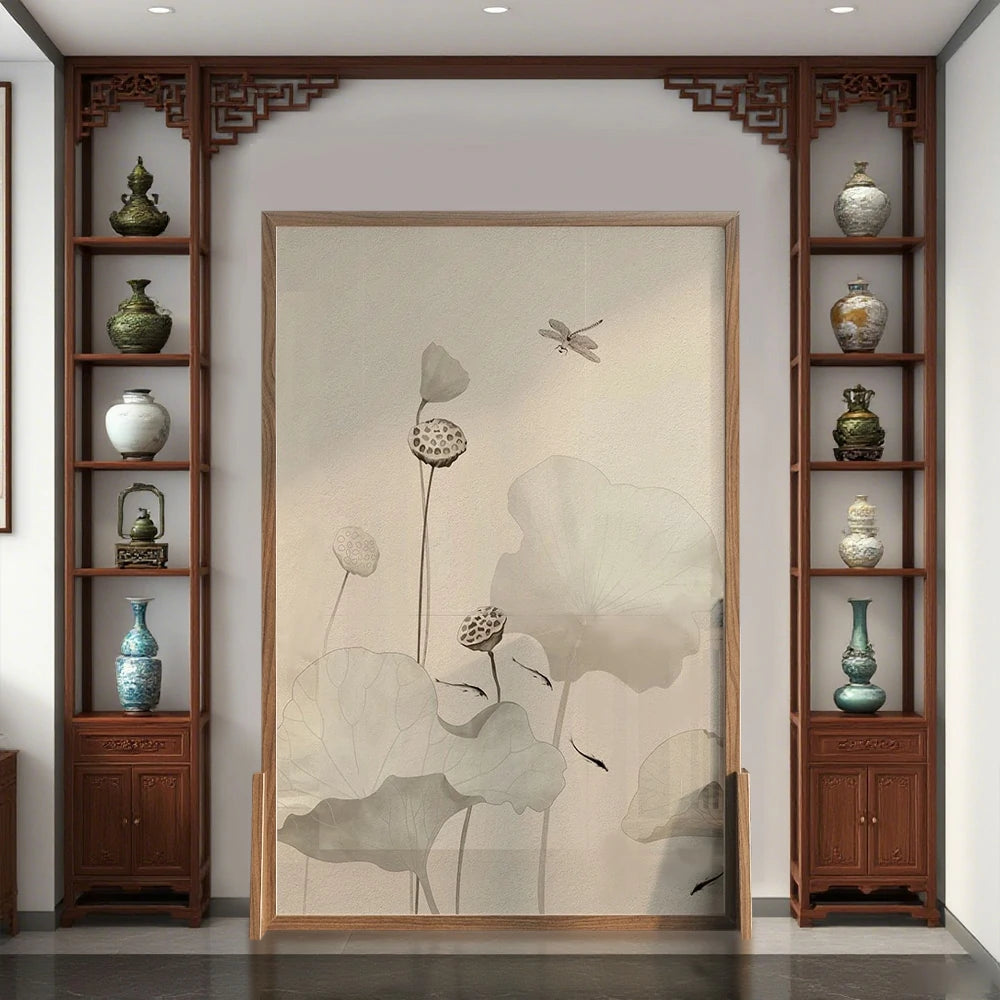 LIVARA Wash lotus leaf Pattern Screen Made Of Solid Wood White Wax Wood And Mongolian Pine With An Eastern Style Home Decoration