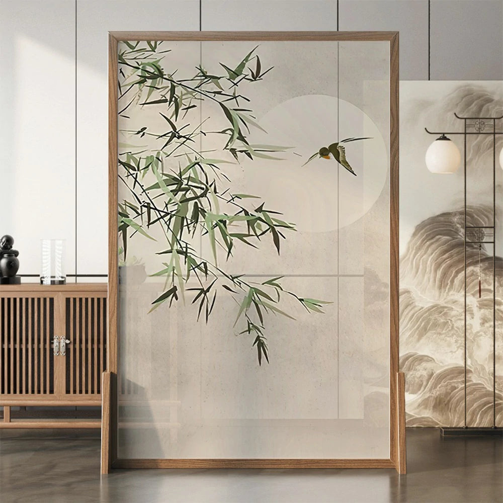 LIVARA Bamboo and the Moon Pattern Screen Made Of Solid Wood White Wax Wood And Mongolian Pine With An Eastern Style Home Decoration