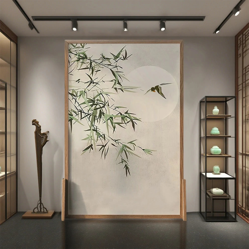 LIVARA Bamboo and the Moon Pattern Screen Made Of Solid Wood White Wax Wood And Mongolian Pine With An Eastern Style Home Decoration