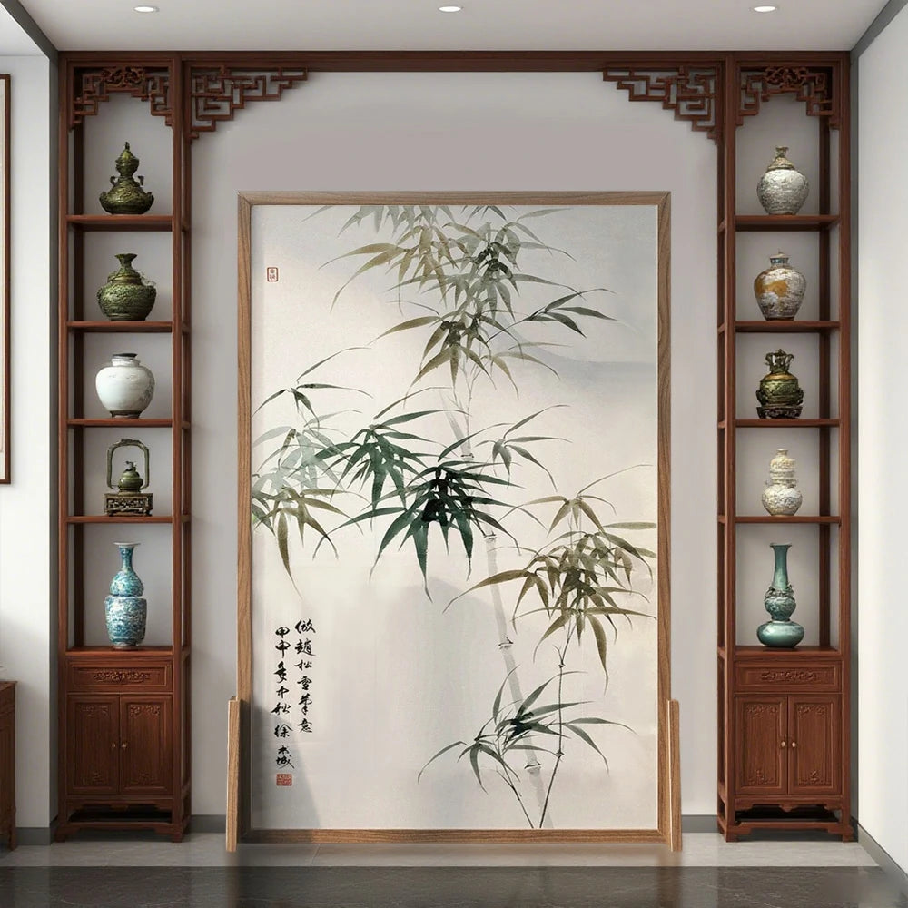LIVARA Green leaf Pattern Screen Made Of Solid Wood White Wax Wood And Mongolian Pine With An Eastern Style Home Decoration