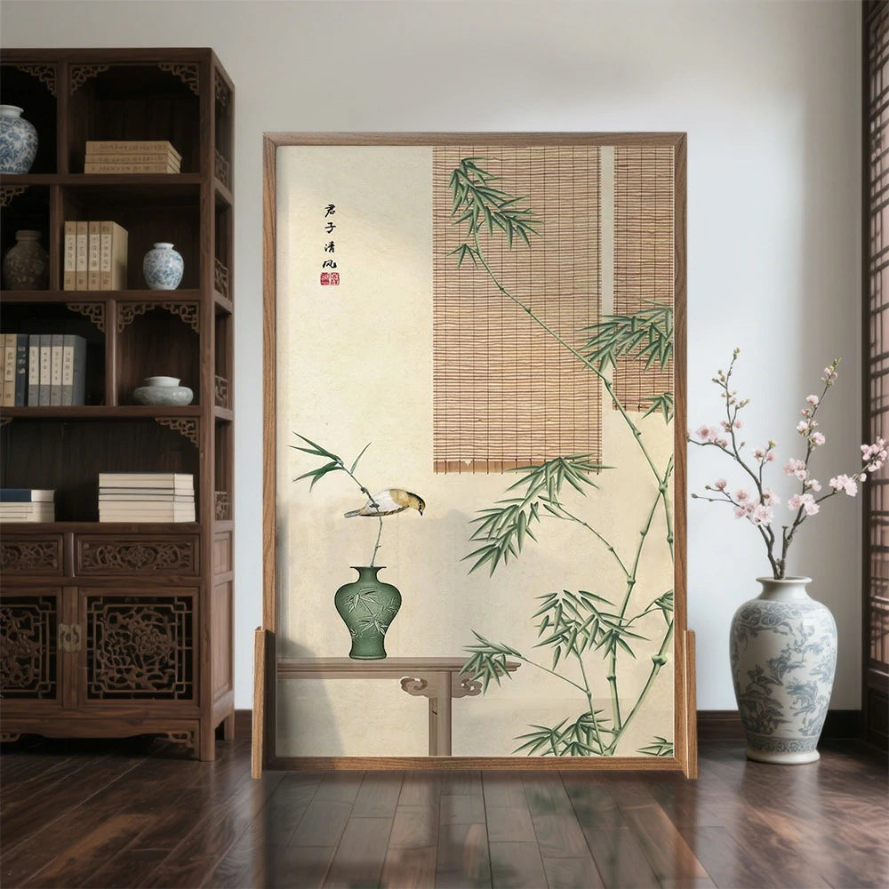 LIVARA Green plants Pattern Screen Made Of Solid Wood White Wax Wood And Mongolian Pine With An Eastern Style Home Decoration