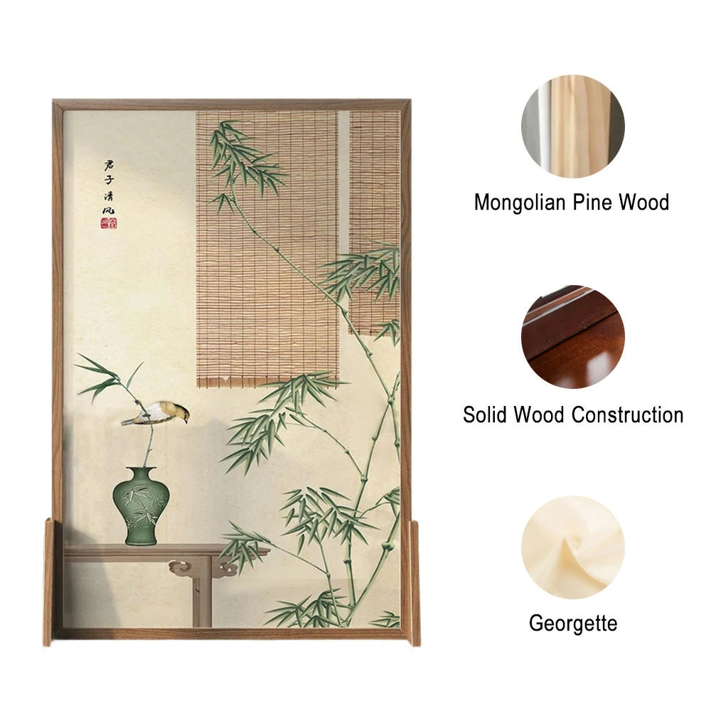 LIVARA Green plants Pattern Screen Made Of Solid Wood White Wax Wood And Mongolian Pine With An Eastern Style Home Decoration