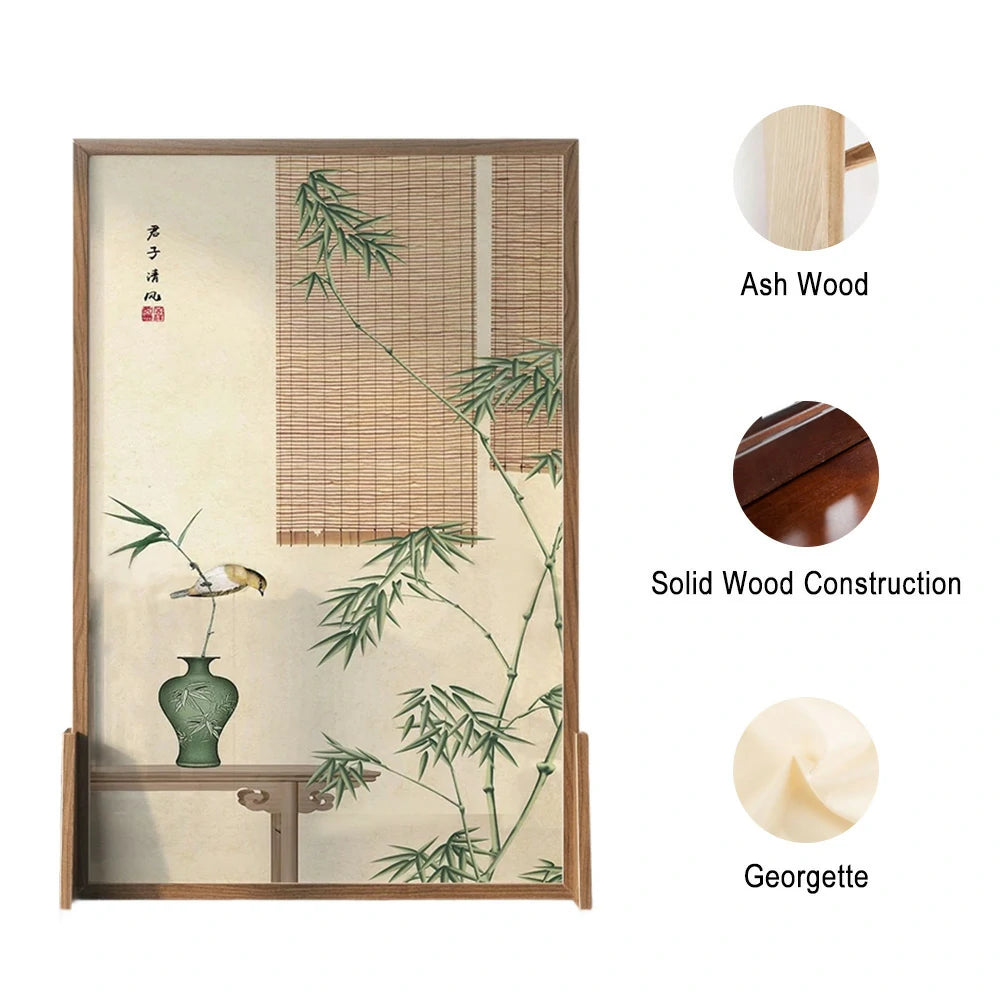 LIVARA Green plants Pattern Screen Made Of Solid Wood White Wax Wood And Mongolian Pine With An Eastern Style Home Decoration