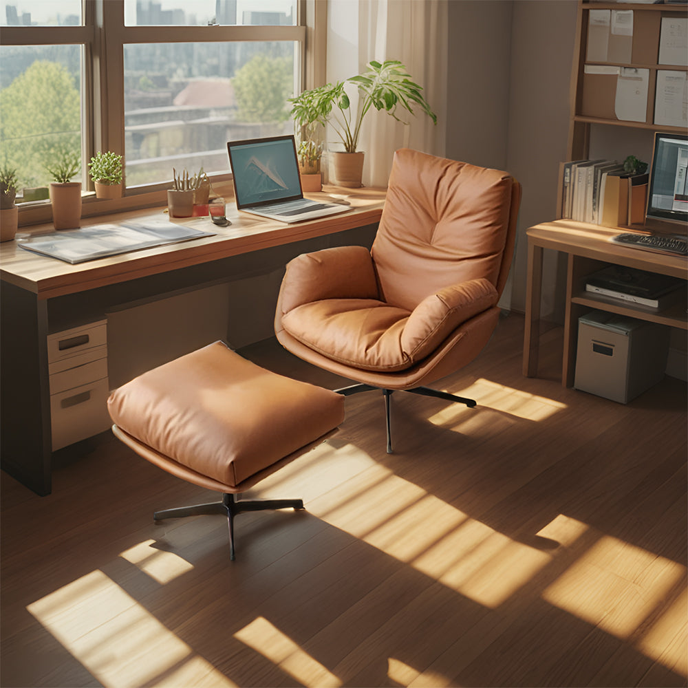 LIVARA EC1048 Microfiber Leather Fabric Leisure Chair With Footstool 360-degree Swivel - Brown