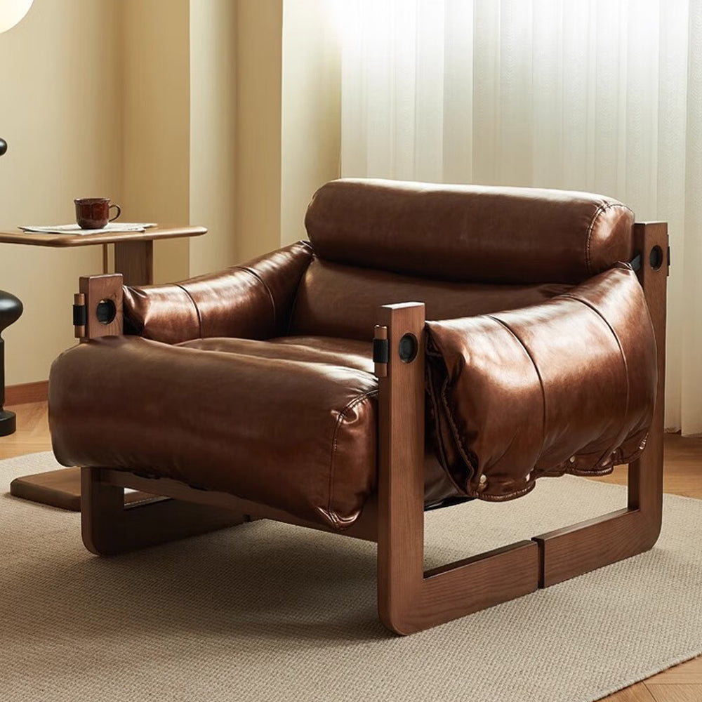 LIVARA EC1223 Oil Wax Leather White Wax Wood Fixed Legs Leisure Chair / Single Sofa