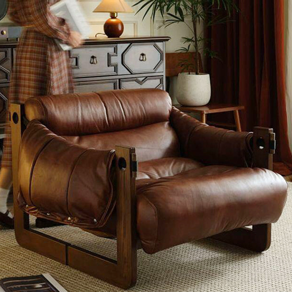 LIVARA EC1223 Oil Wax Leather White Wax Wood Fixed Legs Leisure Chair / Single Sofa