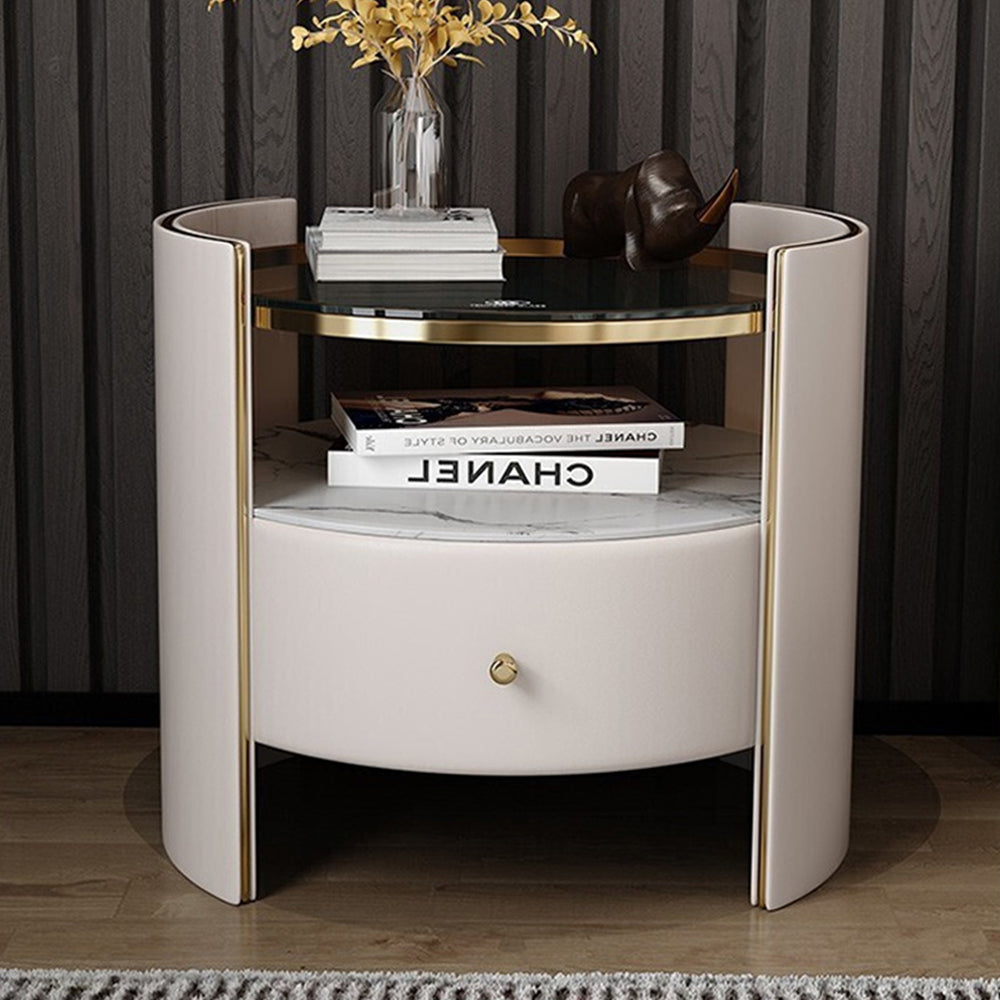 LIVARA NT1009 Modern Luxury Round Bedside Table With Sintered Stone And Glass Top Small Side Table