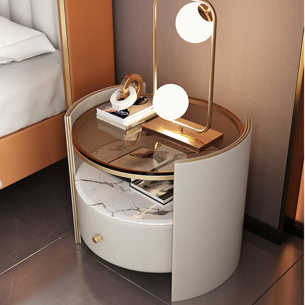 LIVARA NT1009 Modern Luxury Round Bedside Table With Sintered Stone And Glass Top Small Side Table