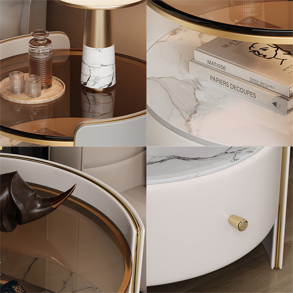 LIVARA NT1009 Modern Luxury Round Bedside Table With Sintered Stone And Glass Top Small Side Table