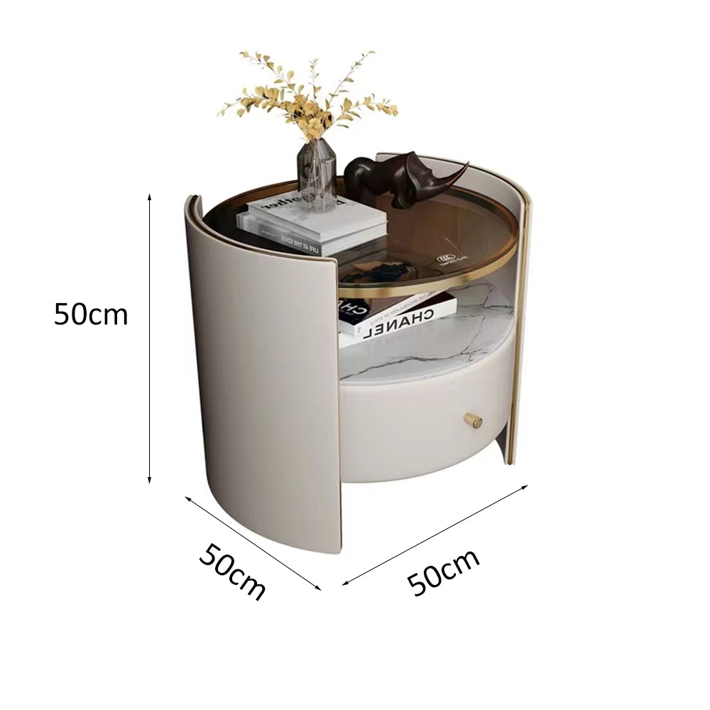 LIVARA NT1009 Modern Luxury Round Bedside Table With Sintered Stone And Glass Top Small Side Table