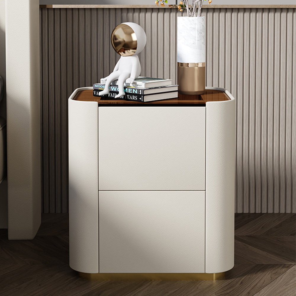 LIVARA NT1014 Modern Simplicity Style Solid Wood Bedside Table with Glass Top Small Side Cabinet - White