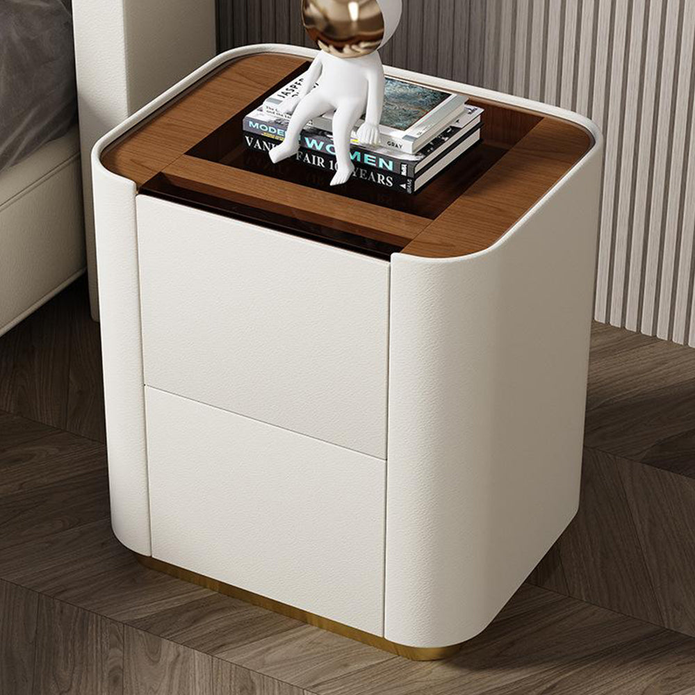 LIVARA NT1014 Modern Simplicity Style Solid Wood Bedside Table with Glass Top Small Side Cabinet - White