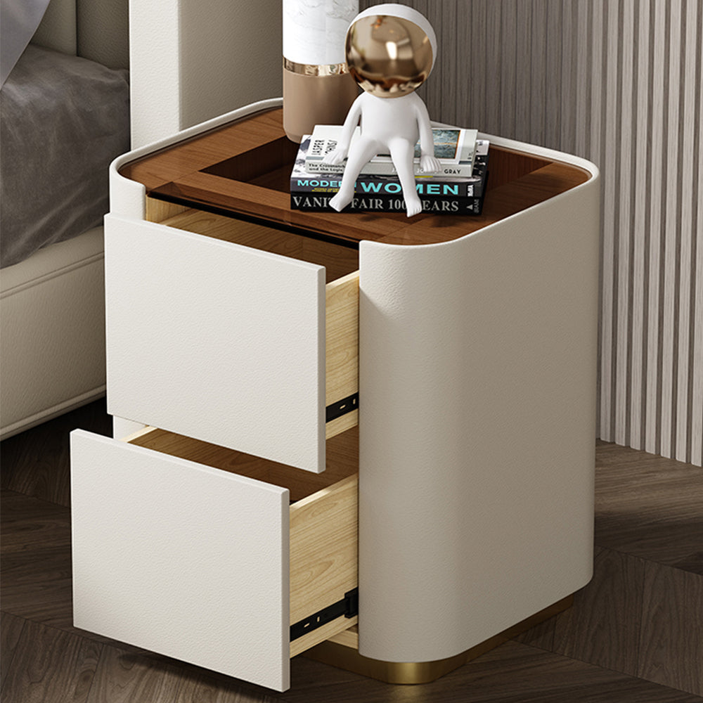 LIVARA NT1014 Modern Simplicity Style Solid Wood Bedside Table with Glass Top Small Side Cabinet - White