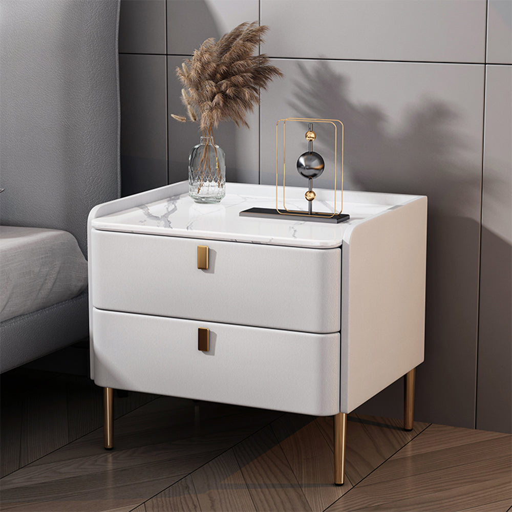 LIVARA NT1017 Modern Simplicity Style Solid Wood Bedside Table with Sintered Stone Top Small Side Cabinet - White