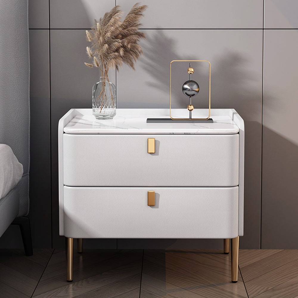 LIVARA NT1017 Modern Simplicity Style Solid Wood Bedside Table with Sintered Stone Top Small Side Cabinet - White