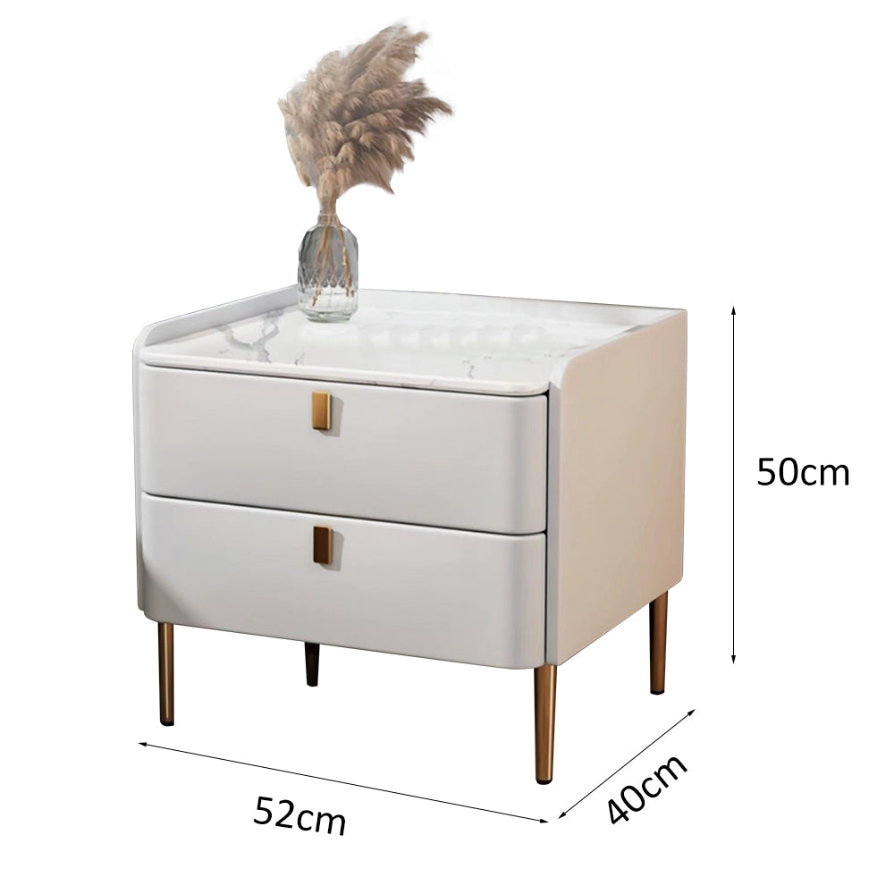LIVARA NT1017 Modern Simplicity Style Solid Wood Bedside Table with Sintered Stone Top Small Side Cabinet - White