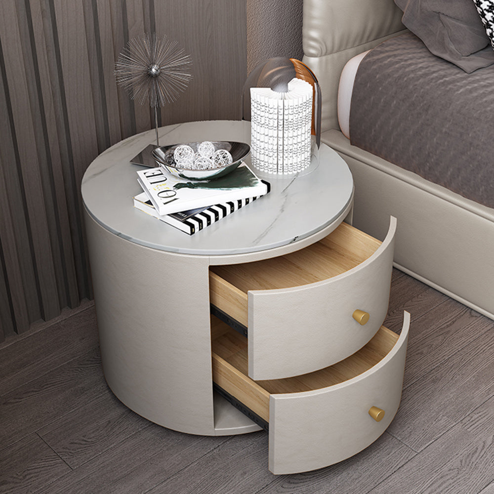 LIVARA NT1018 Modern Simplicity Style Solid Wood Bedside Table with Sintered Stone Top Small Side Cabinet - White