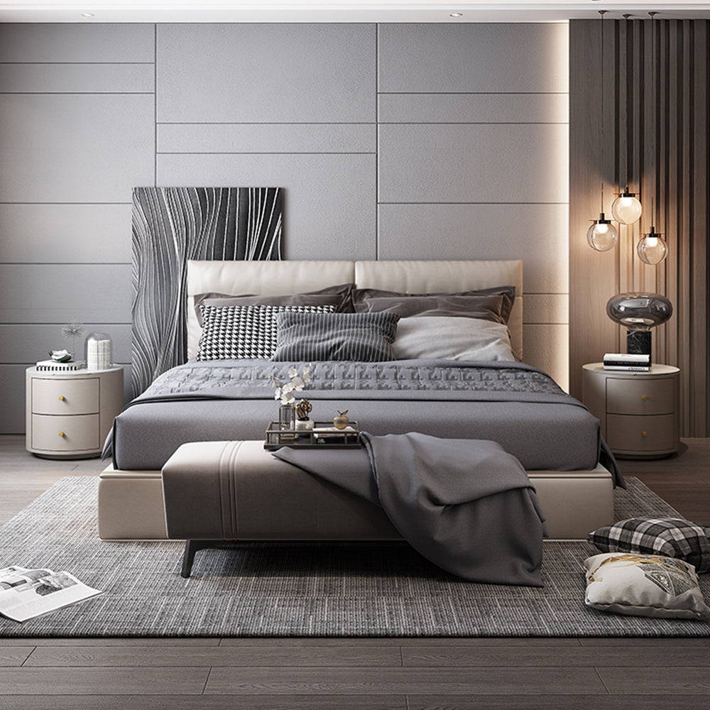 LIVARA NT1018 Modern Simplicity Style Solid Wood Bedside Table with Sintered Stone Top Small Side Cabinet - White