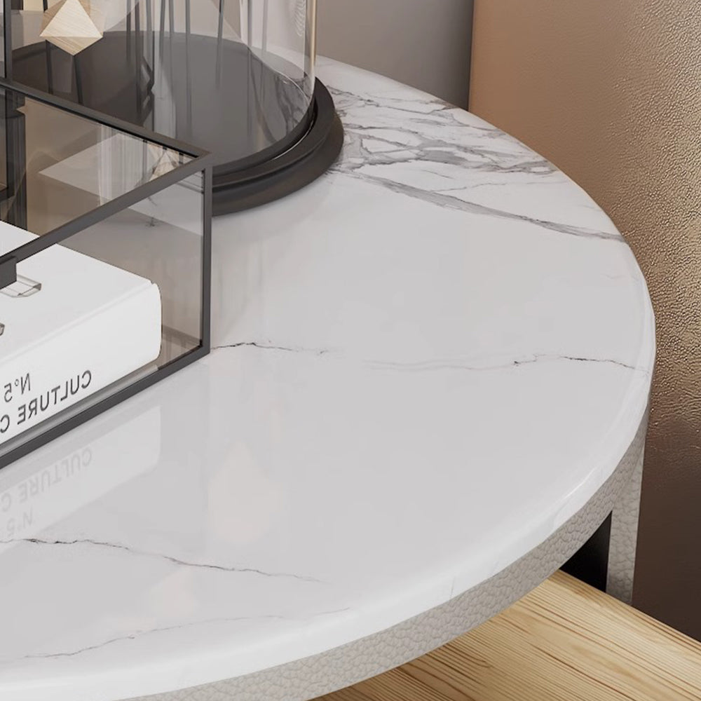 LIVARA NT1018 Modern Simplicity Style Solid Wood Bedside Table with Sintered Stone Top Small Side Cabinet - White