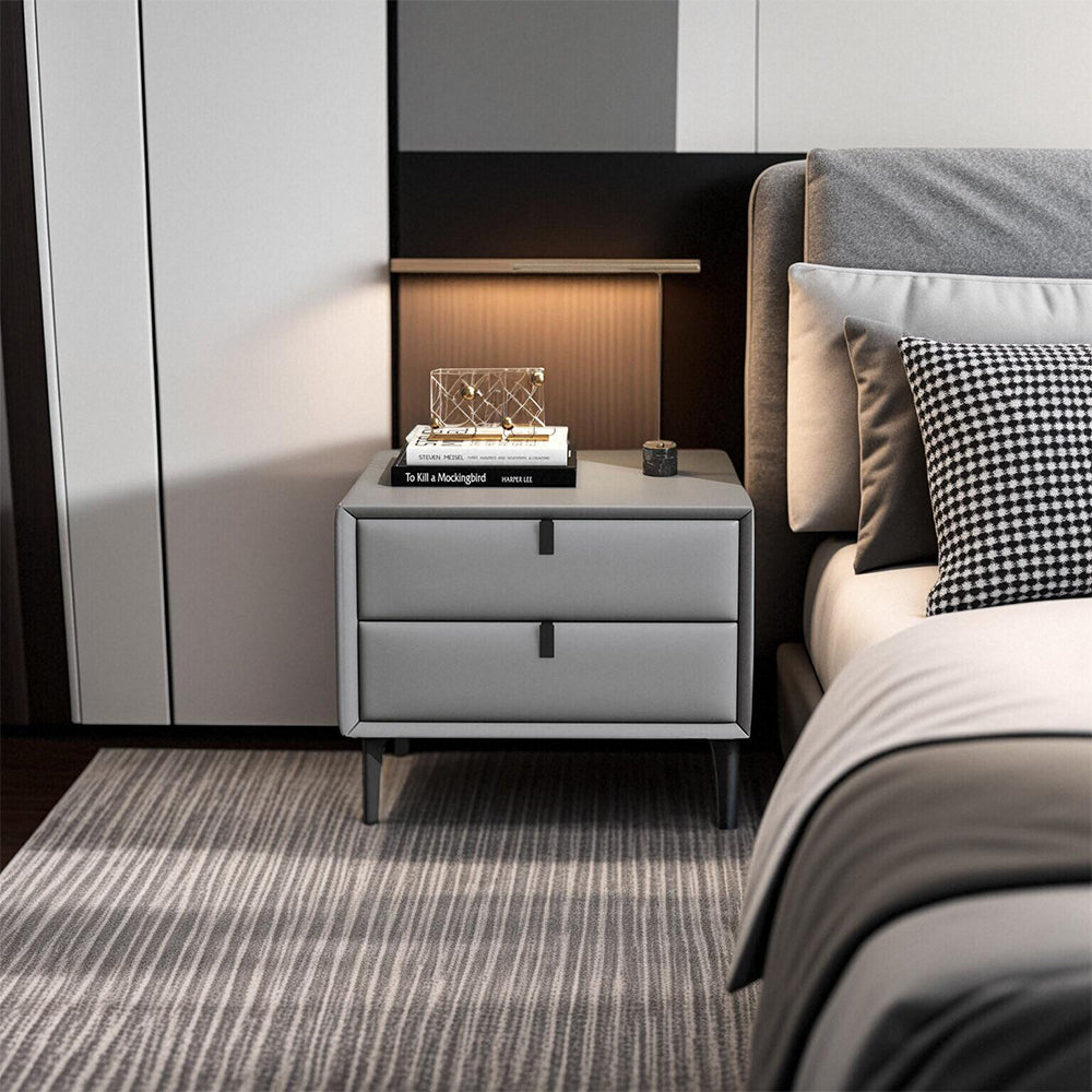 LIVARA NT1025 Modern Style Faux Leather-Wrapped MDF Bedside Table Small Side Cabinet - Grey