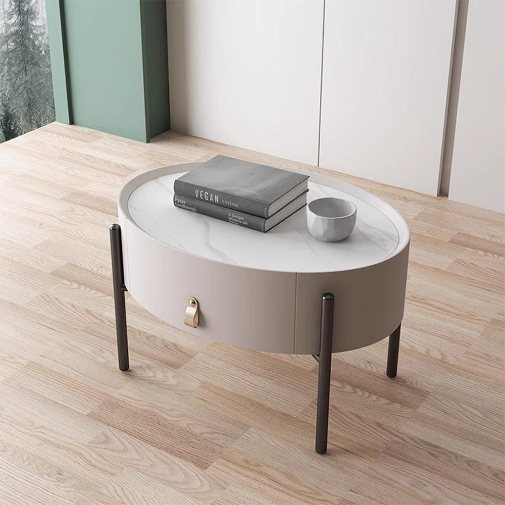 LIVARA NT1033 Minimalist Style Oval Bedside Table With Sintered Stone Top / Small Side Table
