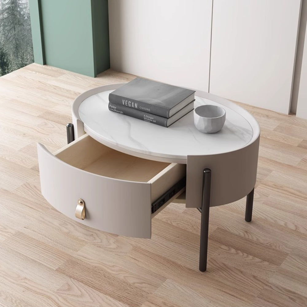 LIVARA NT1033 Minimalist Style Oval Bedside Table With Sintered Stone Top / Small Side Table