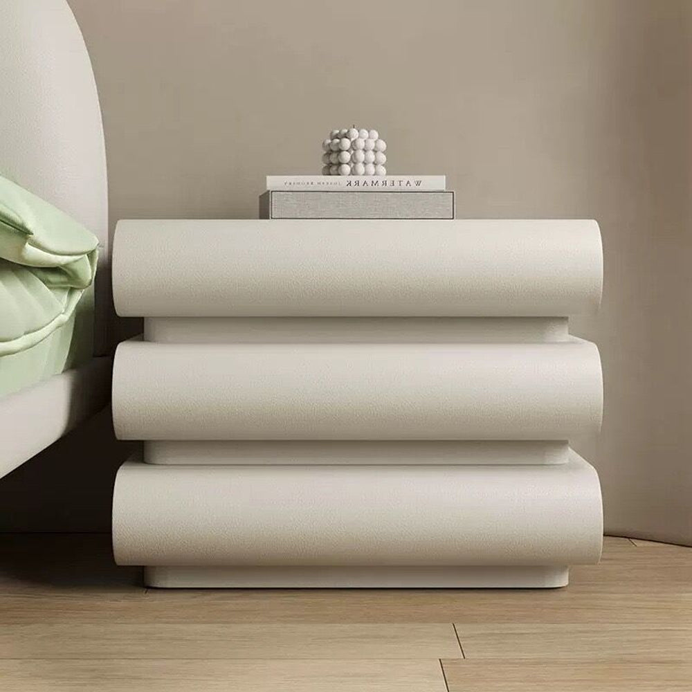 LIVARA NT1035 Cream Faux Leather Solid Pine Wood Drawer Bedside Table